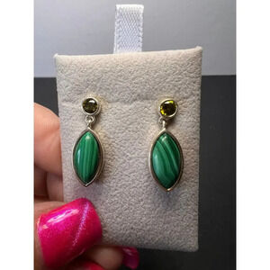 Malachite and olive CZ sterling silver marquise drop earrings